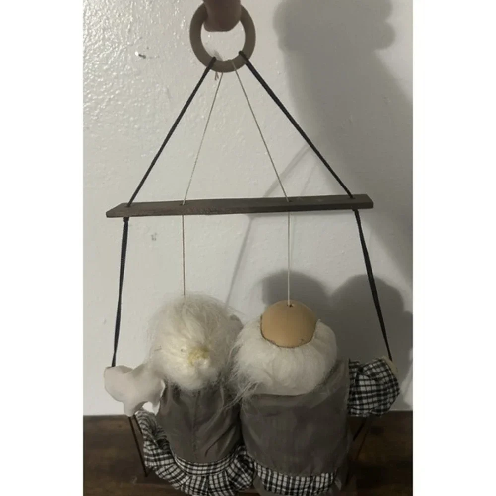 RARE‎ Handmade Dolls Couple Holding Hands In Hanging Swing Vintage